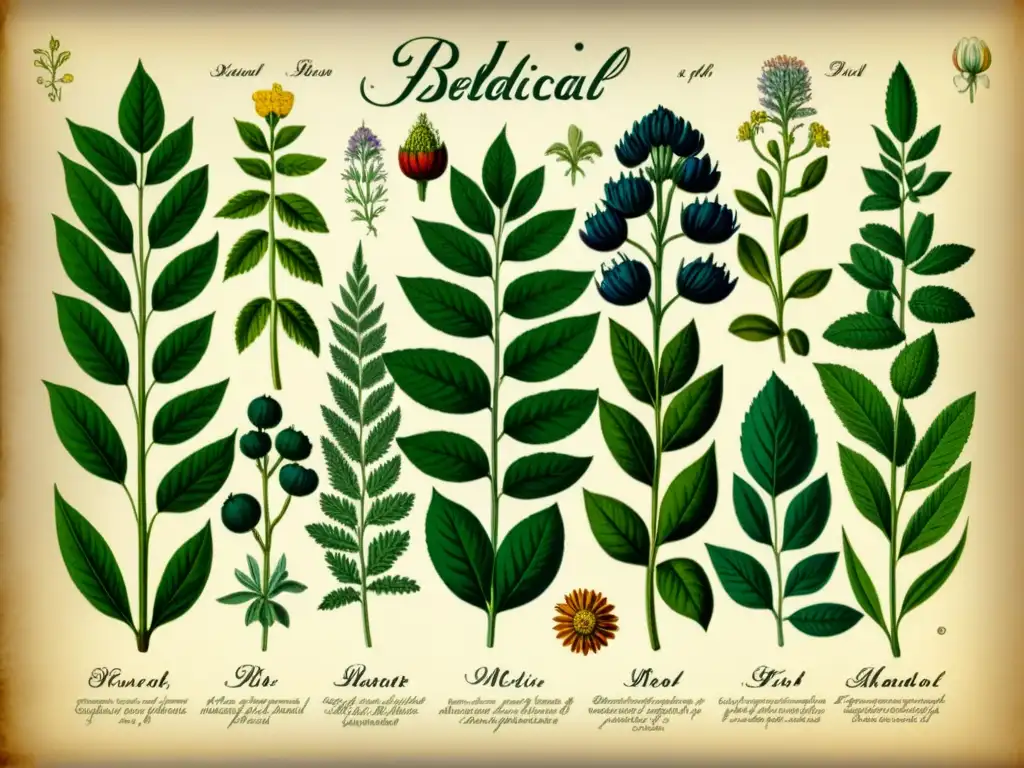 Evidencia moderna medicina tradicional: Ilustración vibrante de plantas medicinales tradicionales, detallada y colorida, con caligrafía elegante