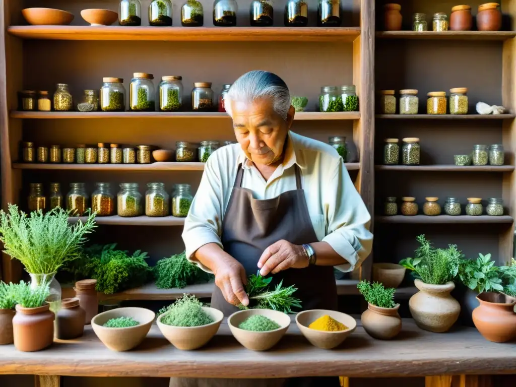 Un experimentado curandero prepara hierbas en su taller, reflejando sabiduría ancestral y dedicación a la lucha curanderos herbolarios sistema salud