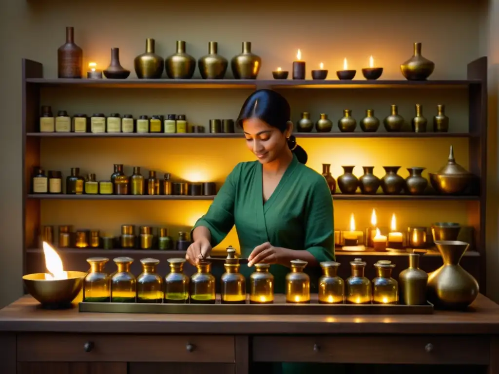 Un experto en Ayurveda mezcla aceites esenciales y hierbas en un ambiente sereno y lleno de sabiduría ancestral