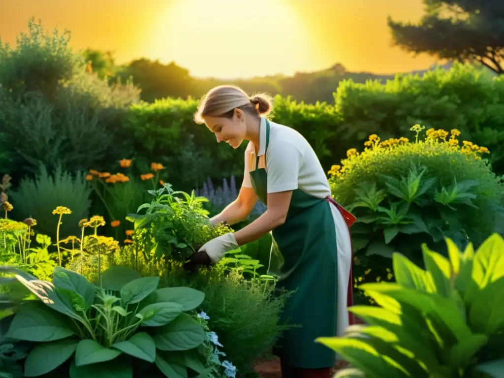 Un experto jardinero poda con cuidado un próspero jardín de hierbas medicinales, destacando técnicas de poda para plantas medicinales