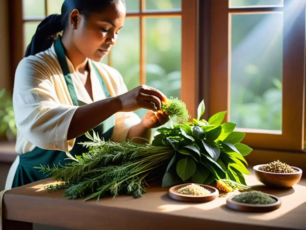 Un experto en medicina ancestral selecciona y prepara hierbas y plantas con destreza, rodeado de luz cálida