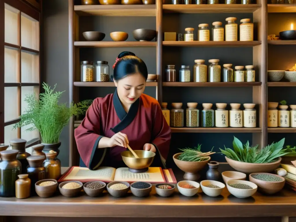 Un experto en Medicina Tradicional China selecciona hierbas para una alimentación equilibrada en un apotecario rústico y tenue