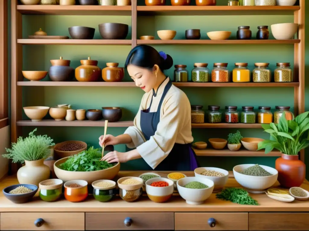 Un experto en Medicina Tradicional China selecciona hierbas para una alimentación equilibrada en un ambiente sereno y rústico