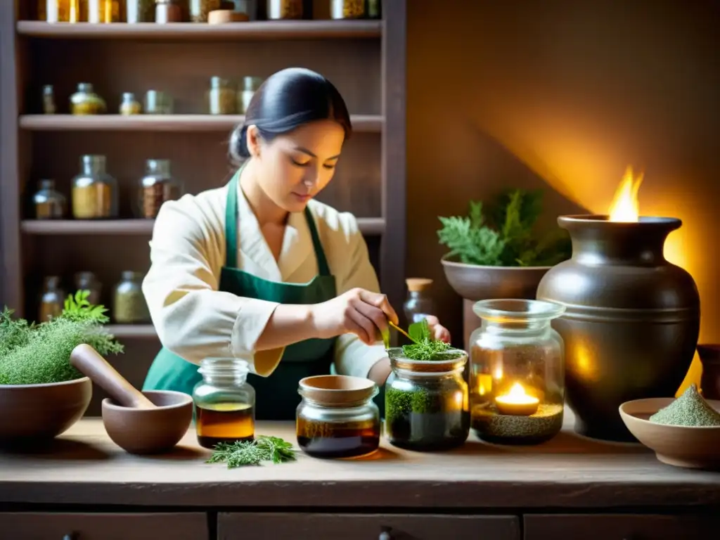 Un experto en medicina tradicional prepara una cura herbal en un apotecario rústico, con una atmósfera cálida y rica