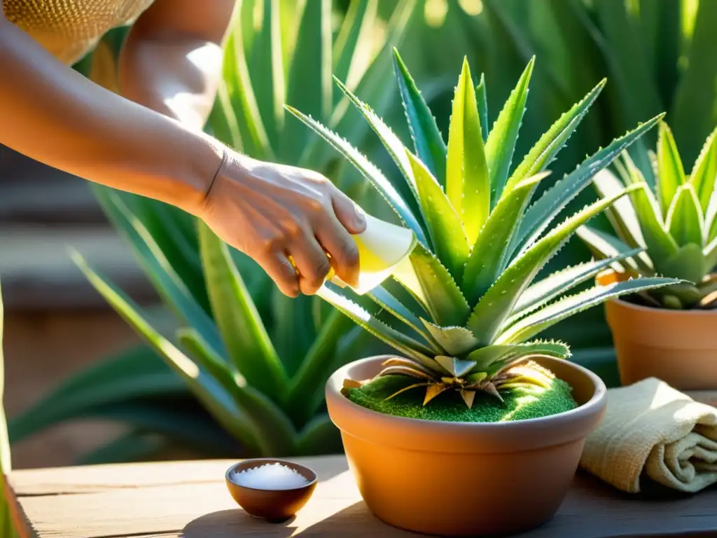 Un experto en medicina tradicional extrae cuidadosamente el gel de una planta de aloe vera, destacando los beneficios del aloe vera para la salud