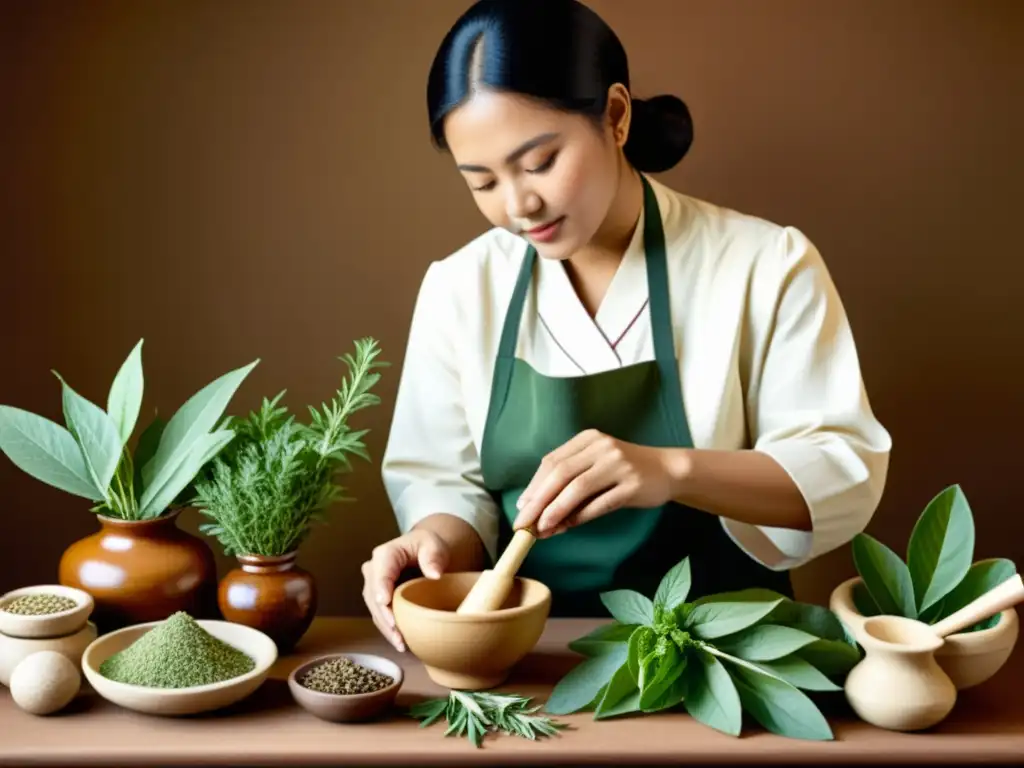 Experto en medicina tradicional seleccionando hierbas y preparando ingredientes naturales, con expresión de sabiduría