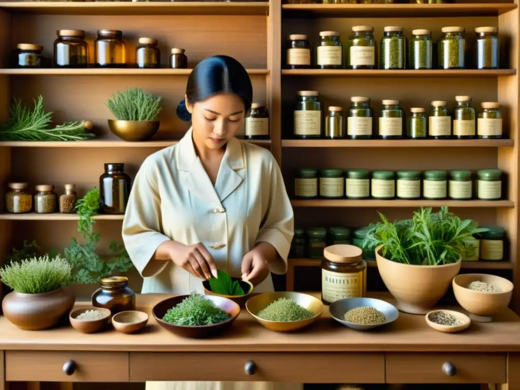 Un experto en medicina tradicional selecciona y prepara hierbas medicinales en un ambiente nostálgico y académico