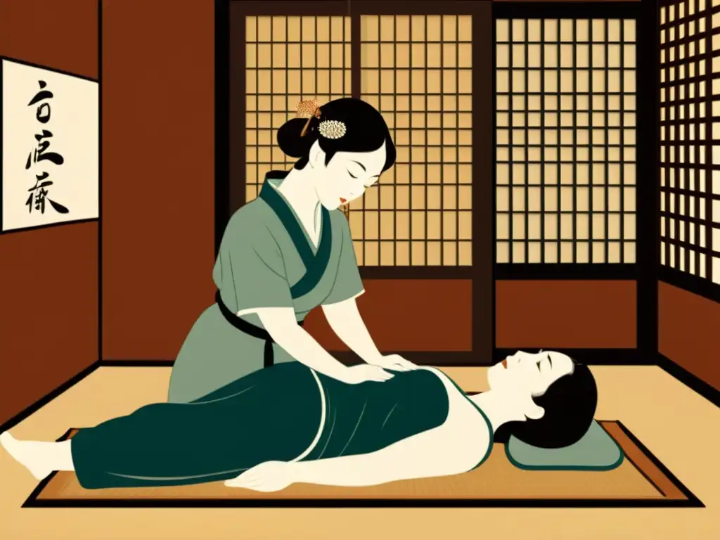 Terapia de Shiatsu: Arte ancestral de sanación Un experto en shiatsu aplica presión en un ambiente sereno y tradicional japonés, transmitiendo los beneficios del shiatsu para salud