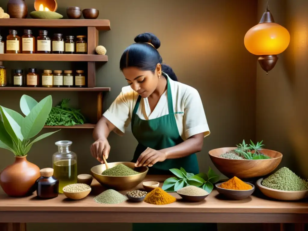 Un experto en Ayurveda prepara un tónico herbal para un atleta, rodeado de hierbas tradicionales