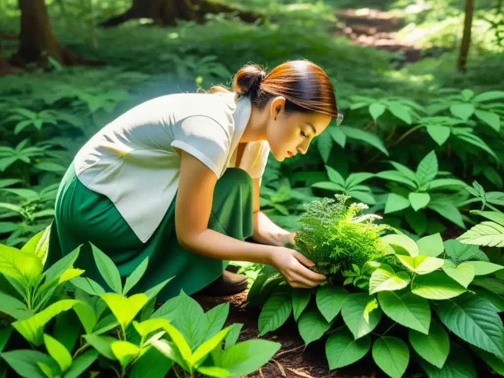 Exploración de plantas medicinales en el bosque exuberante, conexión con la naturaleza