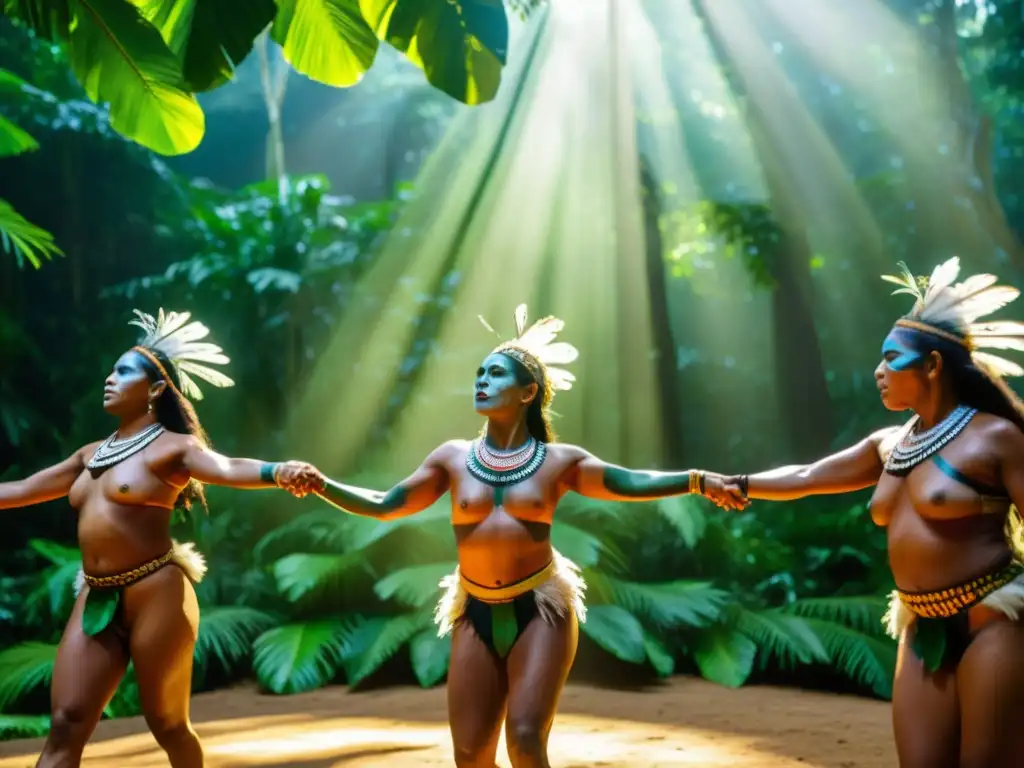 Expresiones corporales en la sanación: danza tradicional de indígenas amazónicos entre la exuberante vegetación, luz cálida y pintura corporal