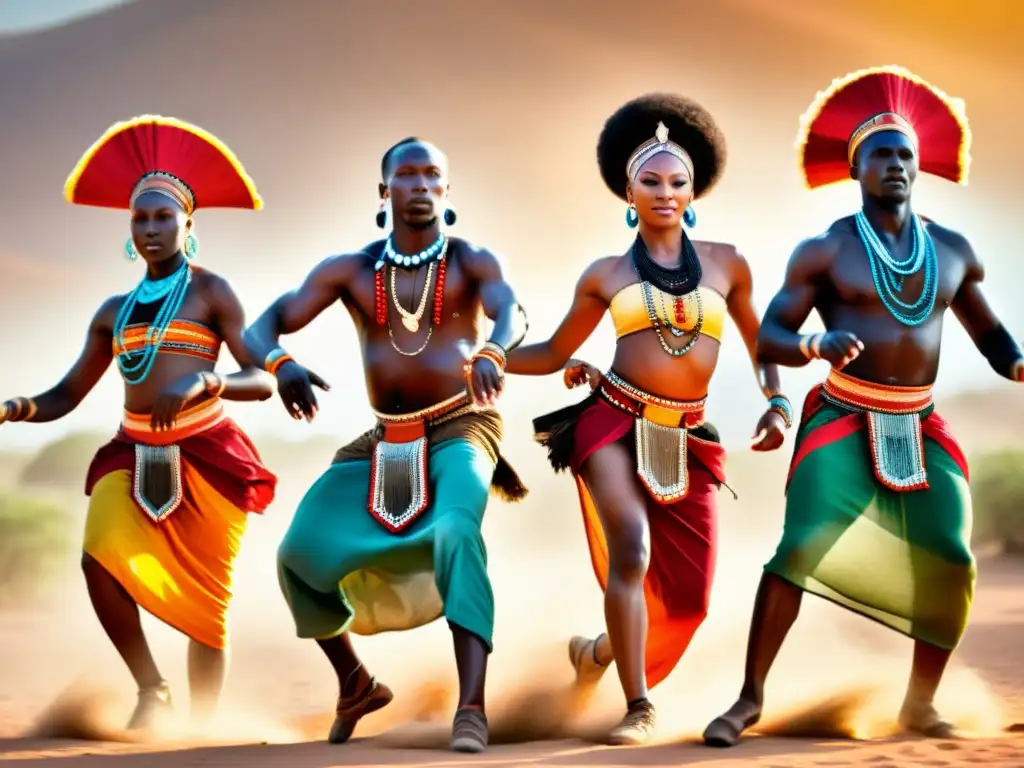 Danza africana: tradición y energía en movimiento Expresiones curativas en África: grupo de bailarines africanos con trajes tradicionales, movimientos energéticos y paisaje soleado