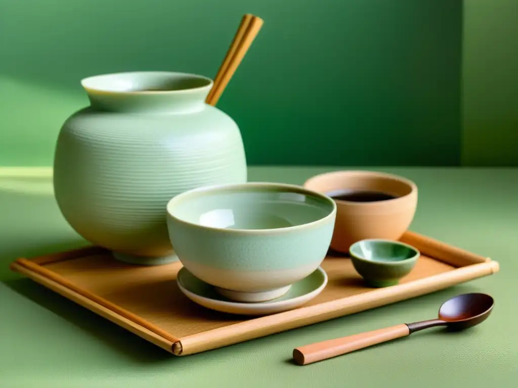 Una exquisita ceremonia del té japonesa con cuenco de cerámica, batidor de bambú y polvo de matcha, evocando práctica mindfulness sanación