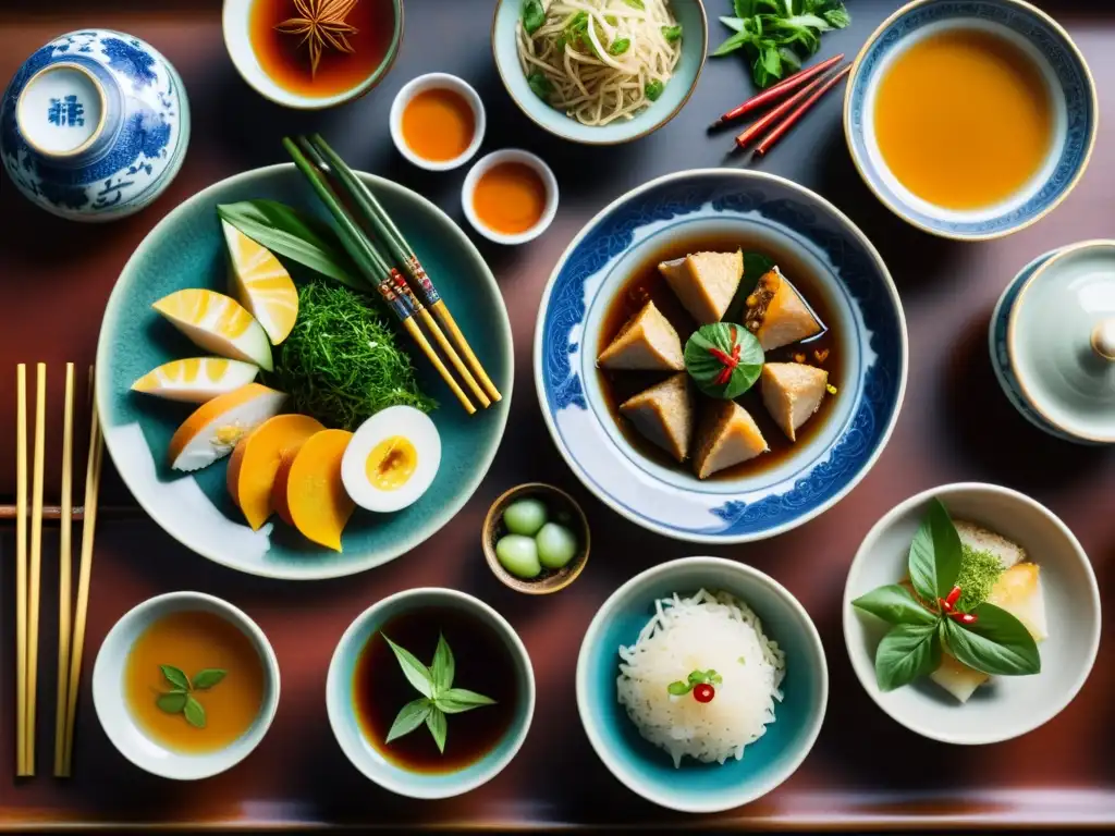 Una exquisita comida china tradicional en platos de cerámica antiguos, con vibrantes colores y aromáticas hierbas