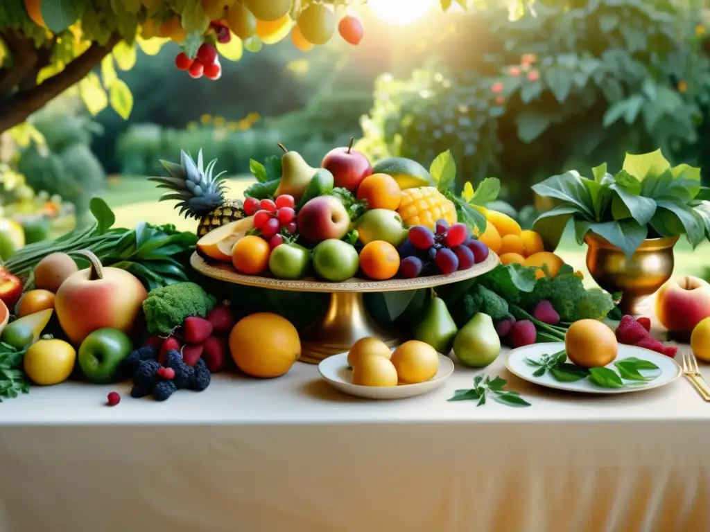 Una exquisita mesa de banquetes con frutas, verduras y hierbas orgánicas, bañada por la cálida luz dorada en un jardín exuberante