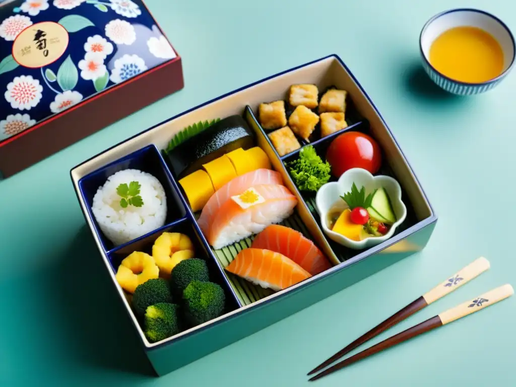 Una exquisita presentación de bento japonés vintage con una variedad de platos tradicionales, evocando equilibrio y armonía en la dieta tradicional japonesa