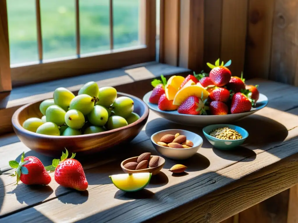 Una exquisita variedad de frutas, frutos secos y semillas frescas y coloridas sobre una mesa rústica de madera