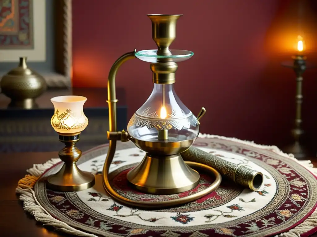 Un exquisito set de hookah de latón y vidrio sobre una alfombra persa, iluminado por cálidas lámparas vintage