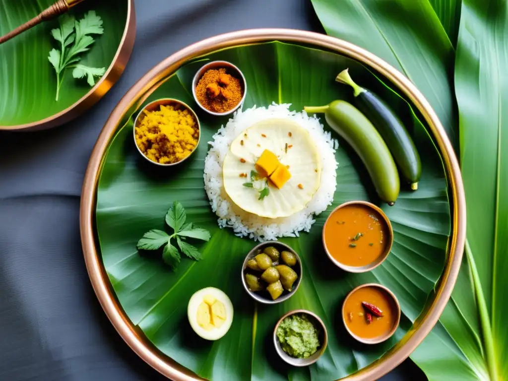 Un exquisito thali indio con platos ayurvédicos vibrantes y coloridos, rodeado de especias y hierbas frescas