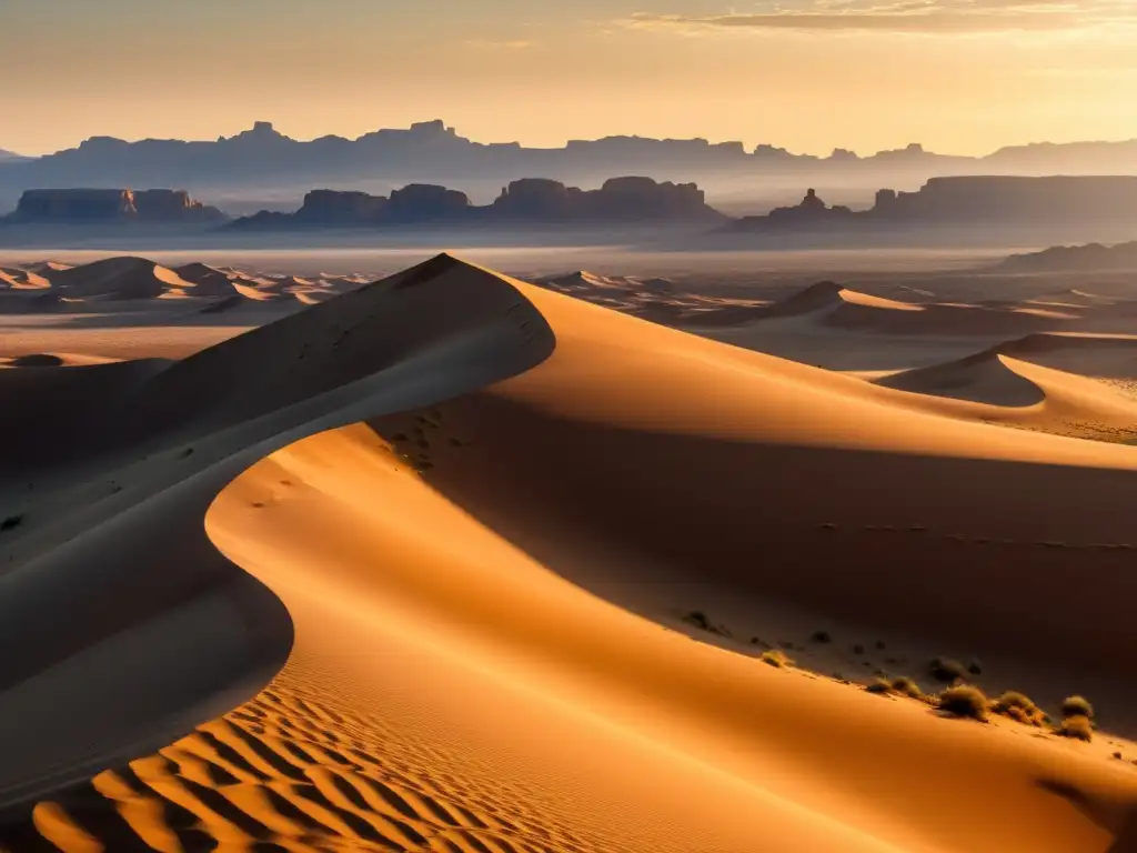 Un extenso paisaje de desierto con dunas de arena y formaciones rocosas antiguas, iluminado por el sol