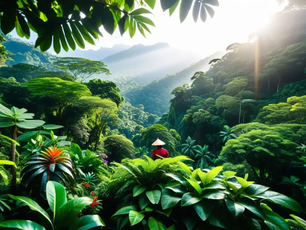 Selva tropical llena de vida: plantas medicinales y curandero Un exuberante bosque tropical, con plantas medicinales y un sanador tradicional recolectando biodiversidad para la medicina tradicional
