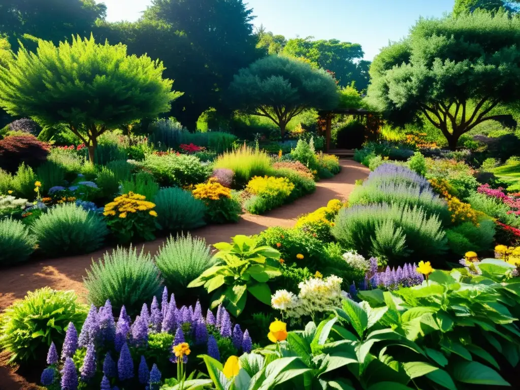 Un jardín botánico exuberante con una diversa variedad de hierbas medicinales de todo el mundo, organizadas en camas meticulosamente etiquetadas