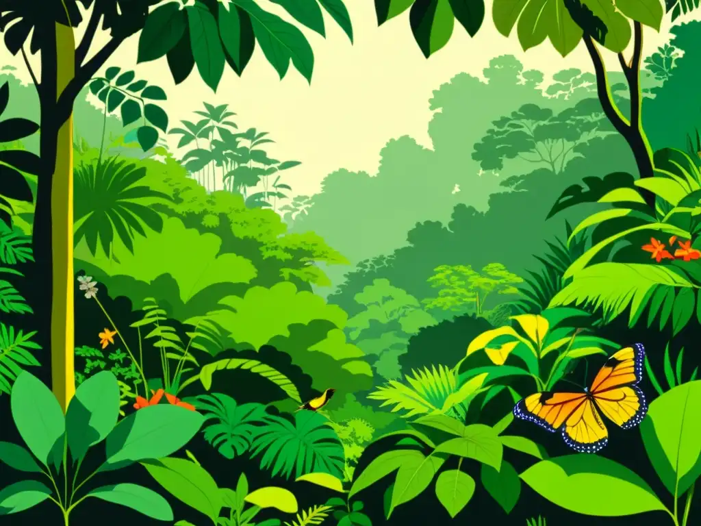 Una ilustración vintage muestra una exuberante escena de la selva amazónica con plantas medicinales