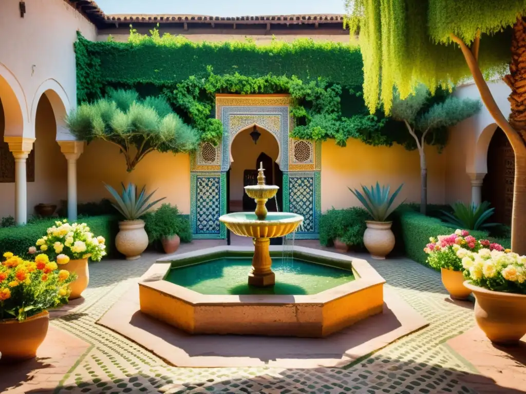 Un exuberante jardín en Marrakech, Marruecos, con una fuente marroquí rodeada de azulejos coloridos, plantas exóticas y flores