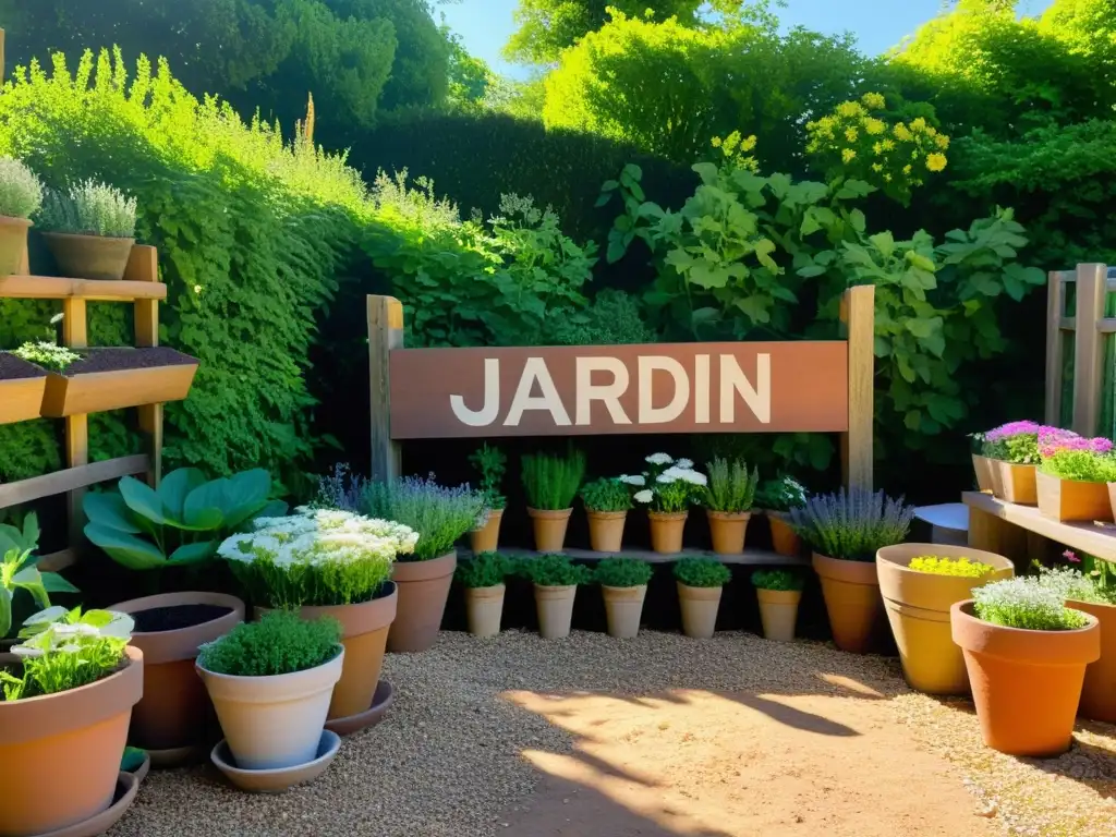 Un jardín exuberante con hierbas y flores rodeado de macetas de terracota y composteras de madera