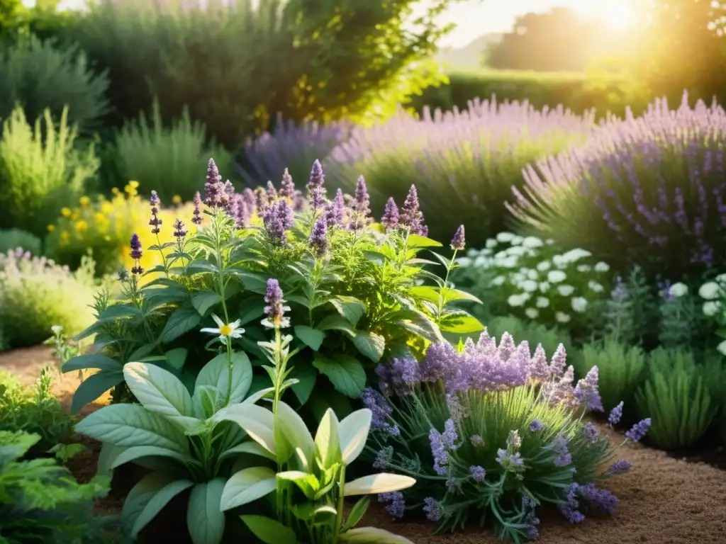 Un jardín exuberante de hierbas medicinales esenciales bañado por la cálida luz del sol