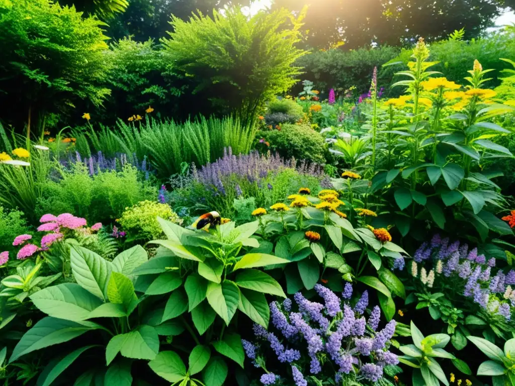 Un jardín exuberante de hierbas medicinales con etiquetas detalladas, luz solar filtrada y actividad de abejas y mariposas