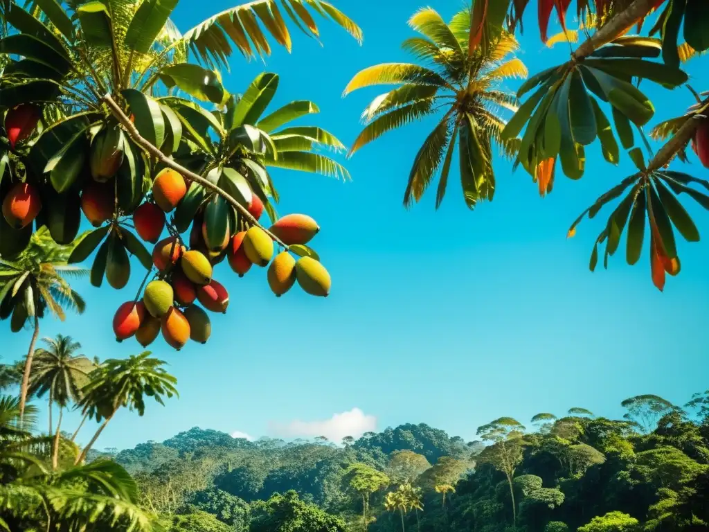 Un exuberante huerto de aguaje en la selva amazónica, con frutas madurando en los árboles