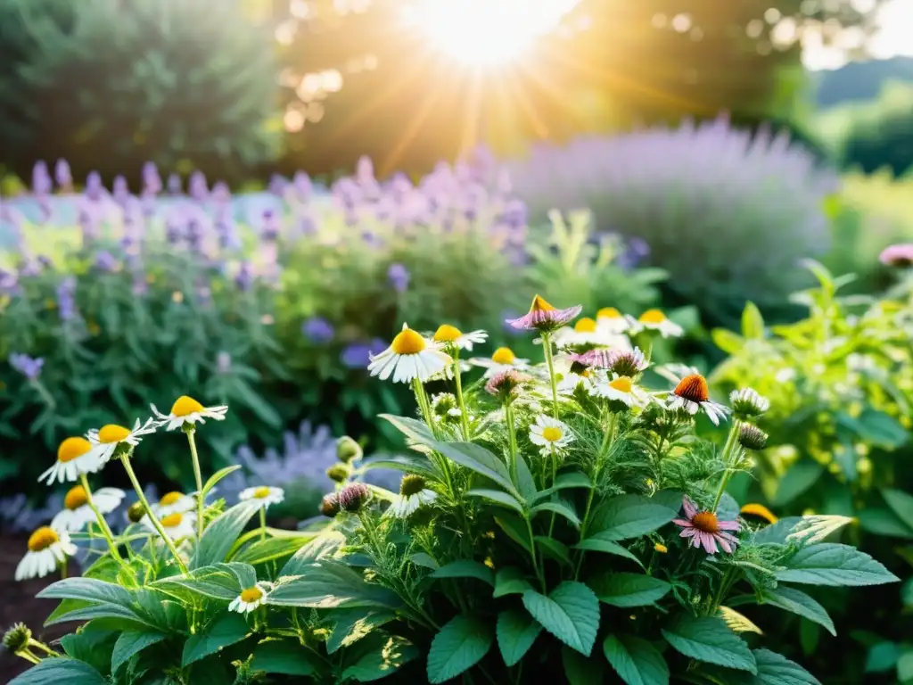 Un exuberante jardín de hierbas medicinales esenciales, bañado por la cálida luz del sol