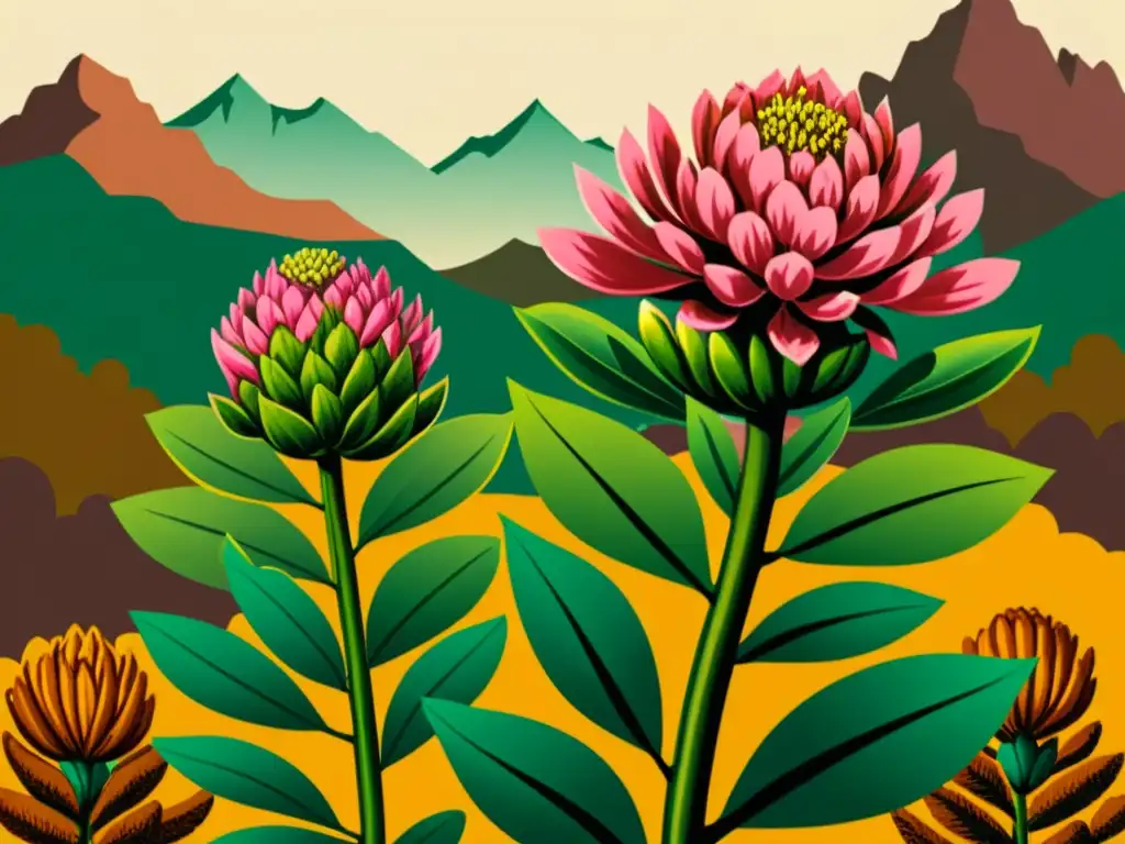 Una ilustración vintage de una exuberante planta de Rhodiola Rosea, con detalles detallados de las hojas y flores rosadas, en el paisaje siberiano