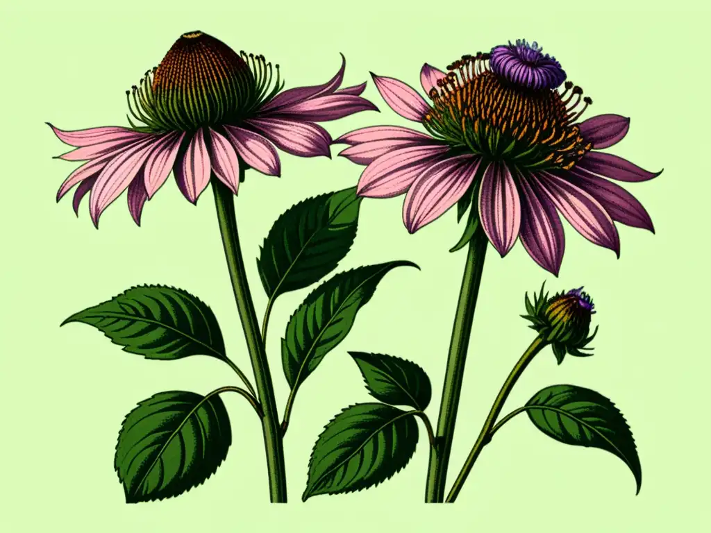 Una ilustración vintage de la exuberante planta Echinacea purpurea, con detalles de sus flores rosadas, hojas dentadas y sistema de raíces