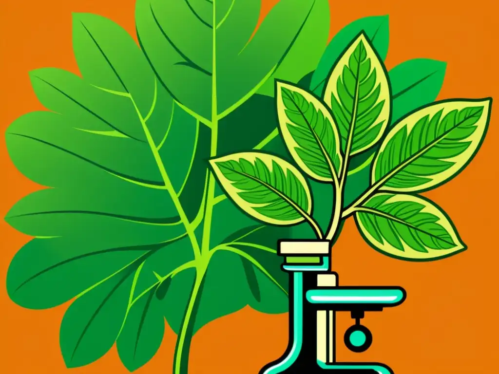 Una ilustración vintage de una exuberante planta verde con detalles de moléculas de clorofila y un microscopio científico, destacando la belleza natural y la importancia científica de la clorofila de manera cautivadora y educativa