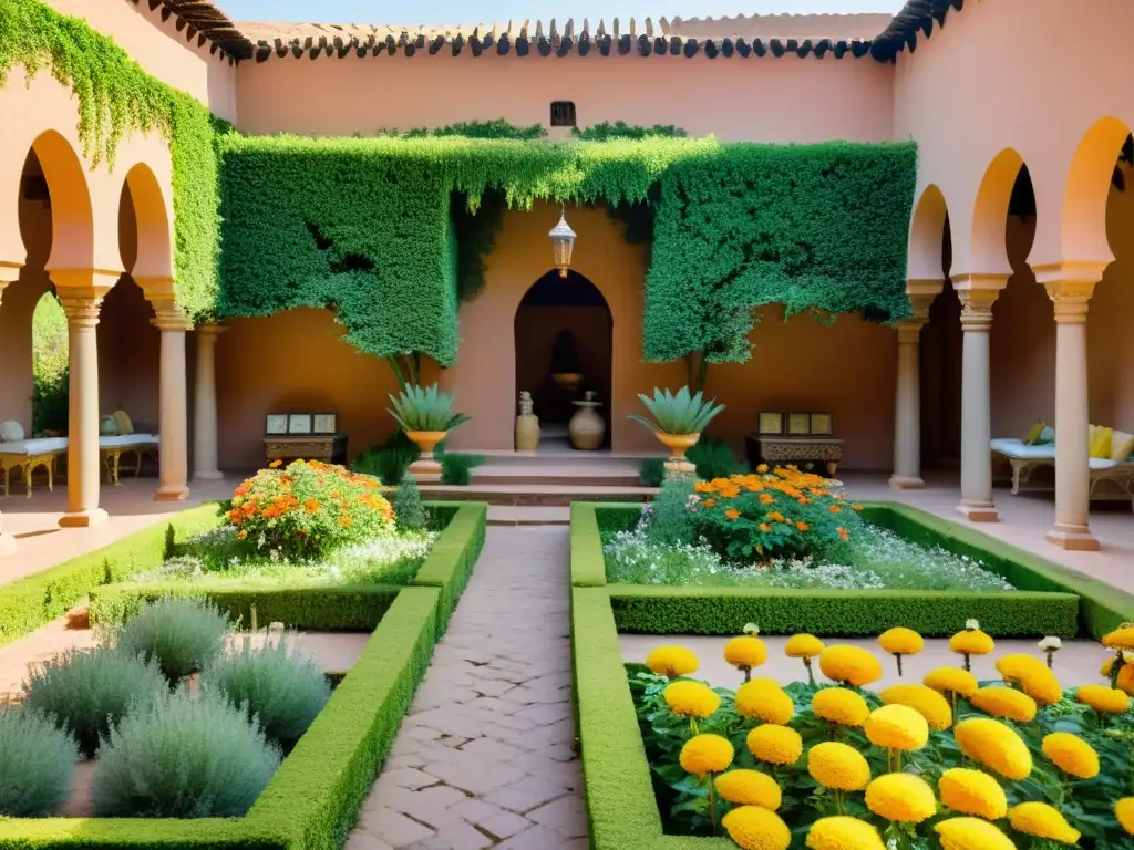 Jardín botánico exuberante en Marrakech, Marruecos, con plantas medicinales y letreros coloridos, reflejando la fitoterapia en jardines de Marruecos