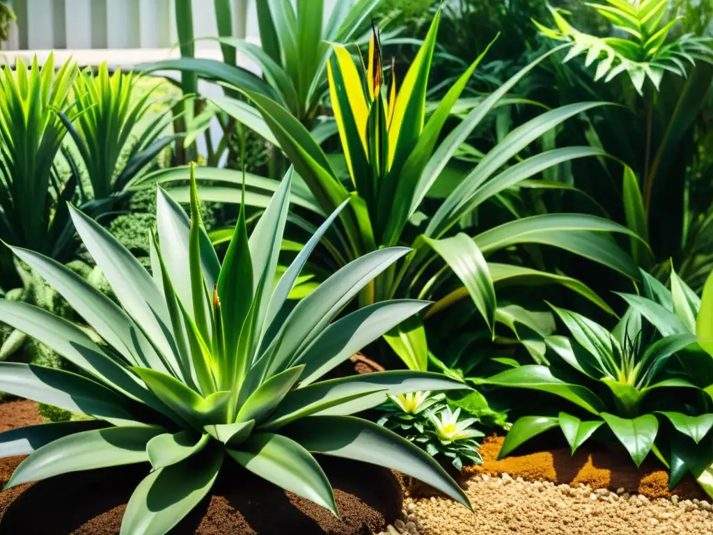 Jardín exuberante con plantas purificadoras naturales como aloe vera y lirios de la paz, bañado por la cálida luz del sol