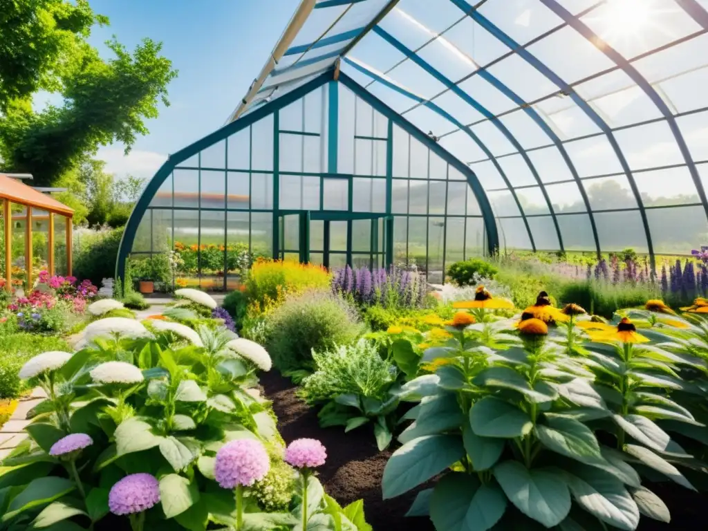 Un jardín herbal exuberante con plantas vibrantes y flores coloridas, abejas y mariposas revoloteando