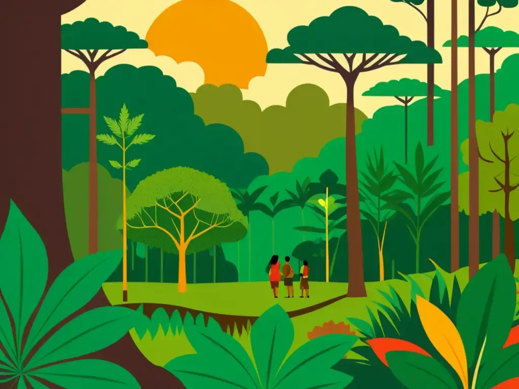 Una ilustración vintage de la exuberante selva amazónica, con árboles imponentes, vegetación vibrante y fauna exótica