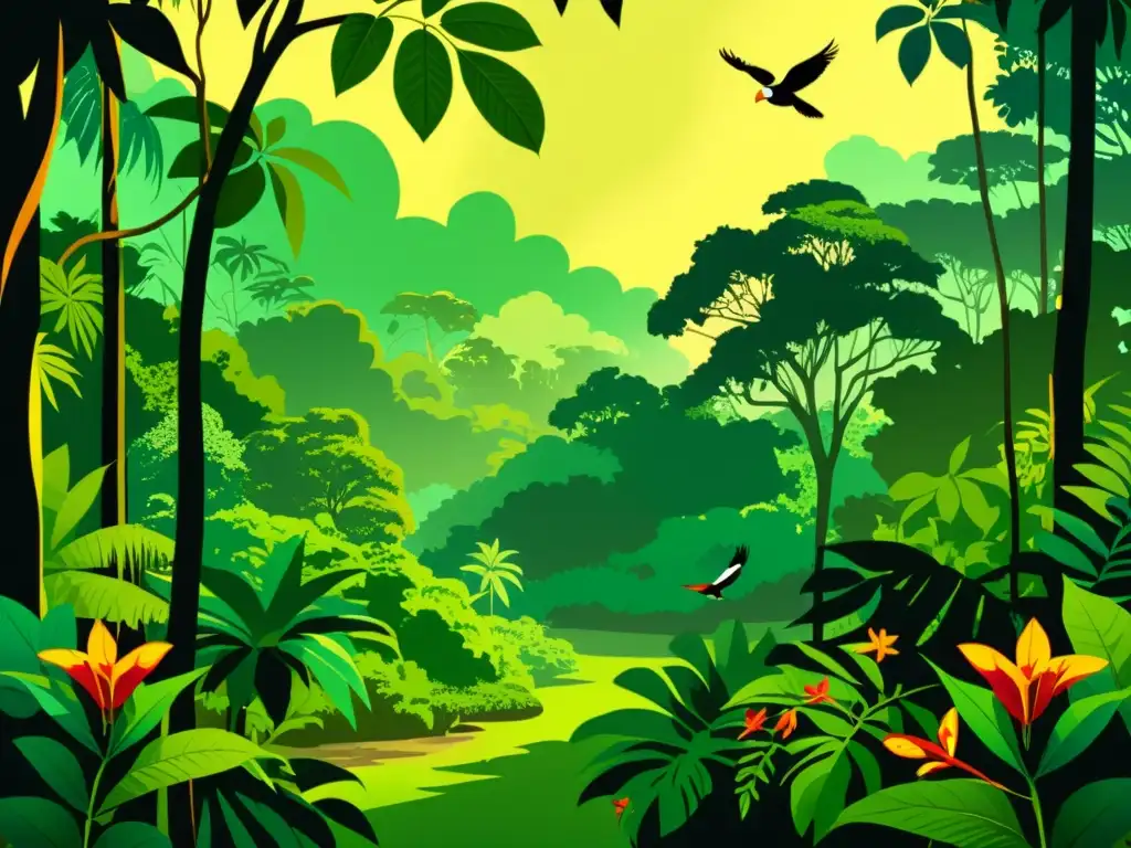 Maravillosa ilustración de la exuberante selva amazónica, con su biodiversidad y belleza natural