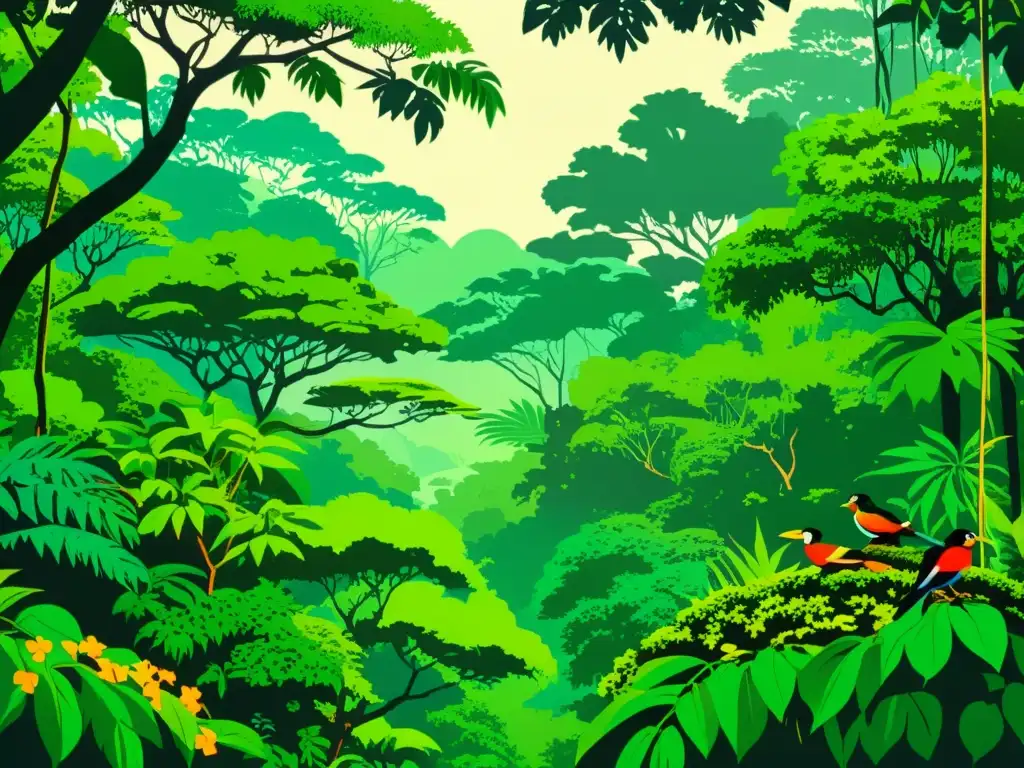 Un ilustración vintage de la exuberante selva amazónica, con flora y fauna vibrante