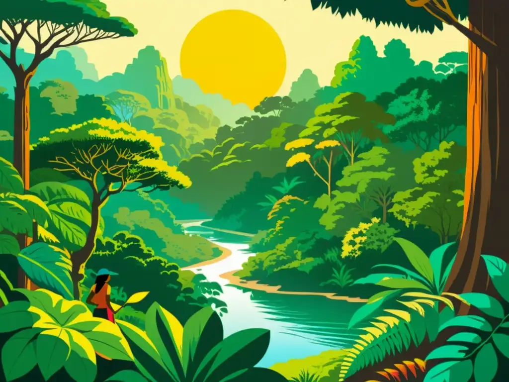 Una ilustración vintage de la exuberante selva amazónica, con plantas medicinales y vida silvestre