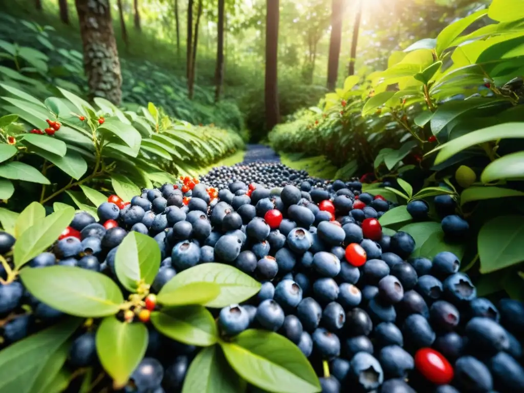 Una exuberante selva llena de frutos maduros como arándanos, bayas de goji y açaí