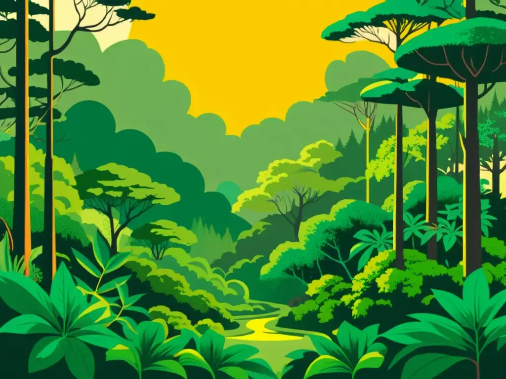 Una ilustración vintage de una exuberante selva lluviosa con plantas diversas y vibrantes