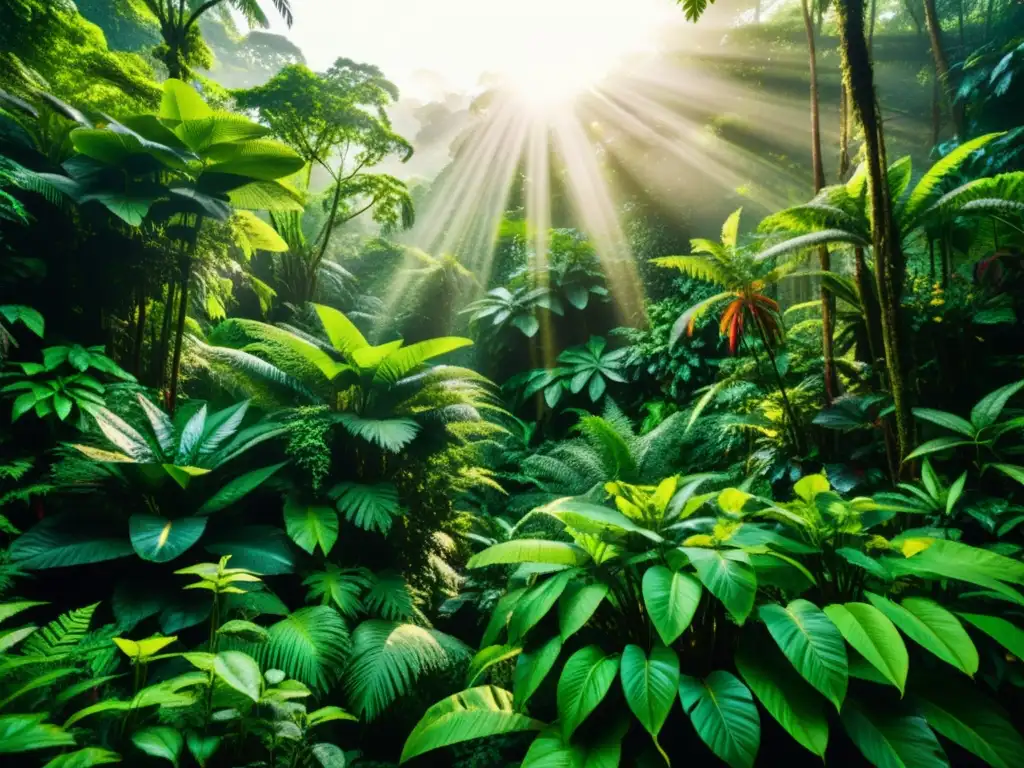 Una exuberante selva tropical con terapias de hierbas medicinales, iluminada por el sol y rebosante de vida exótica y colorida