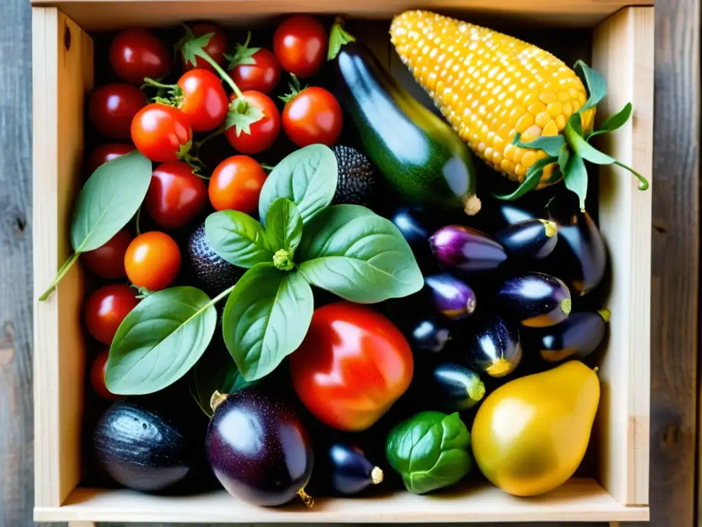 Una exuberante variedad de frutas y verduras orgánicas en una caja rústica de madera