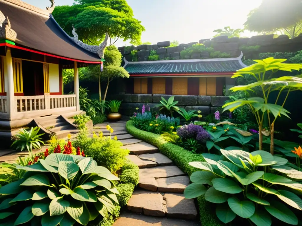 Un jardín tailandés exuberante y vibrante de hierbas curativas de Asia tradicionales, con señal de madera y muros antiguos