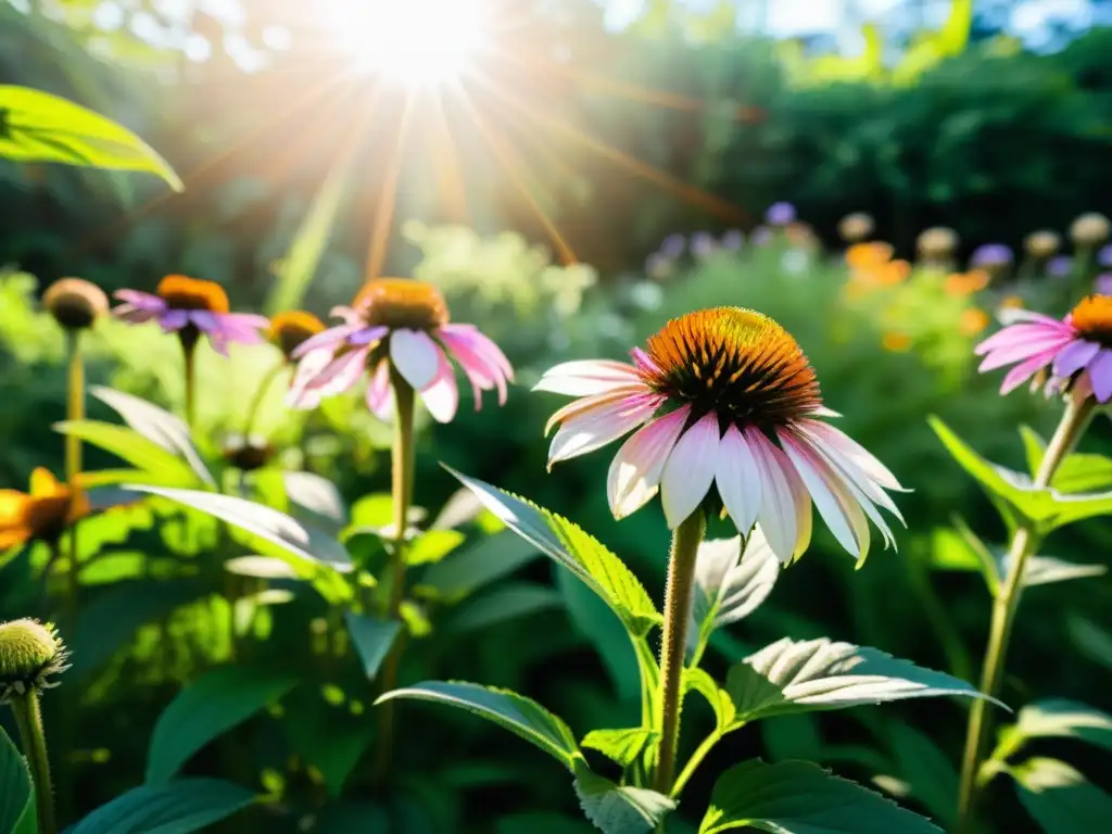 Un jardín botánico exuberante y vibrante, lleno de plantas medicinales