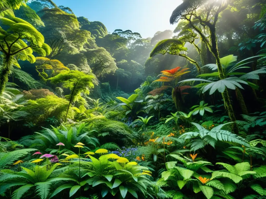 Un exuberante y vibrante paisaje de selva tropical con una diversidad de plantas nativas y flores, bañadas por la luz del sol entre el denso dosel